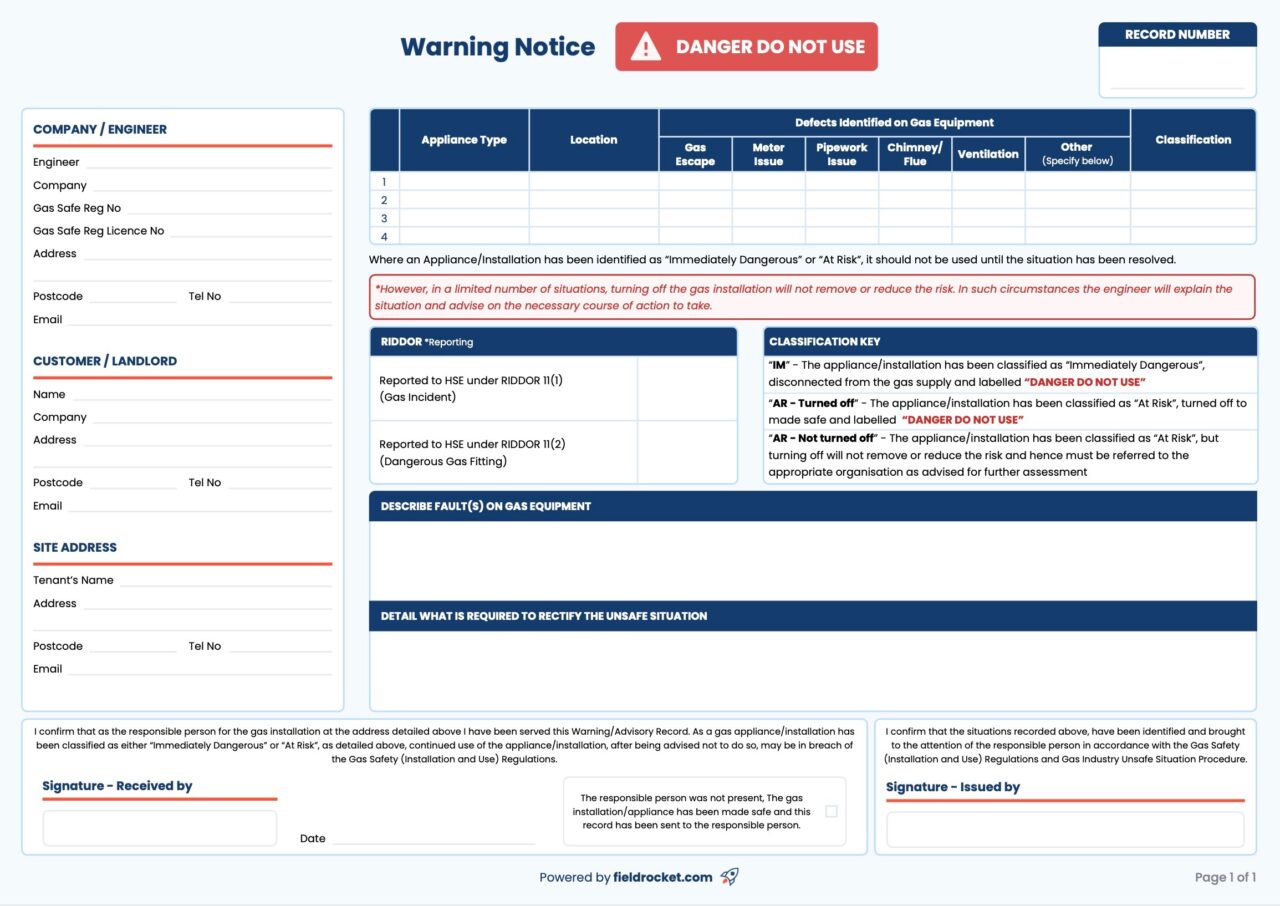 Gas Warning Notice Template Free PDF Download FieldRocket