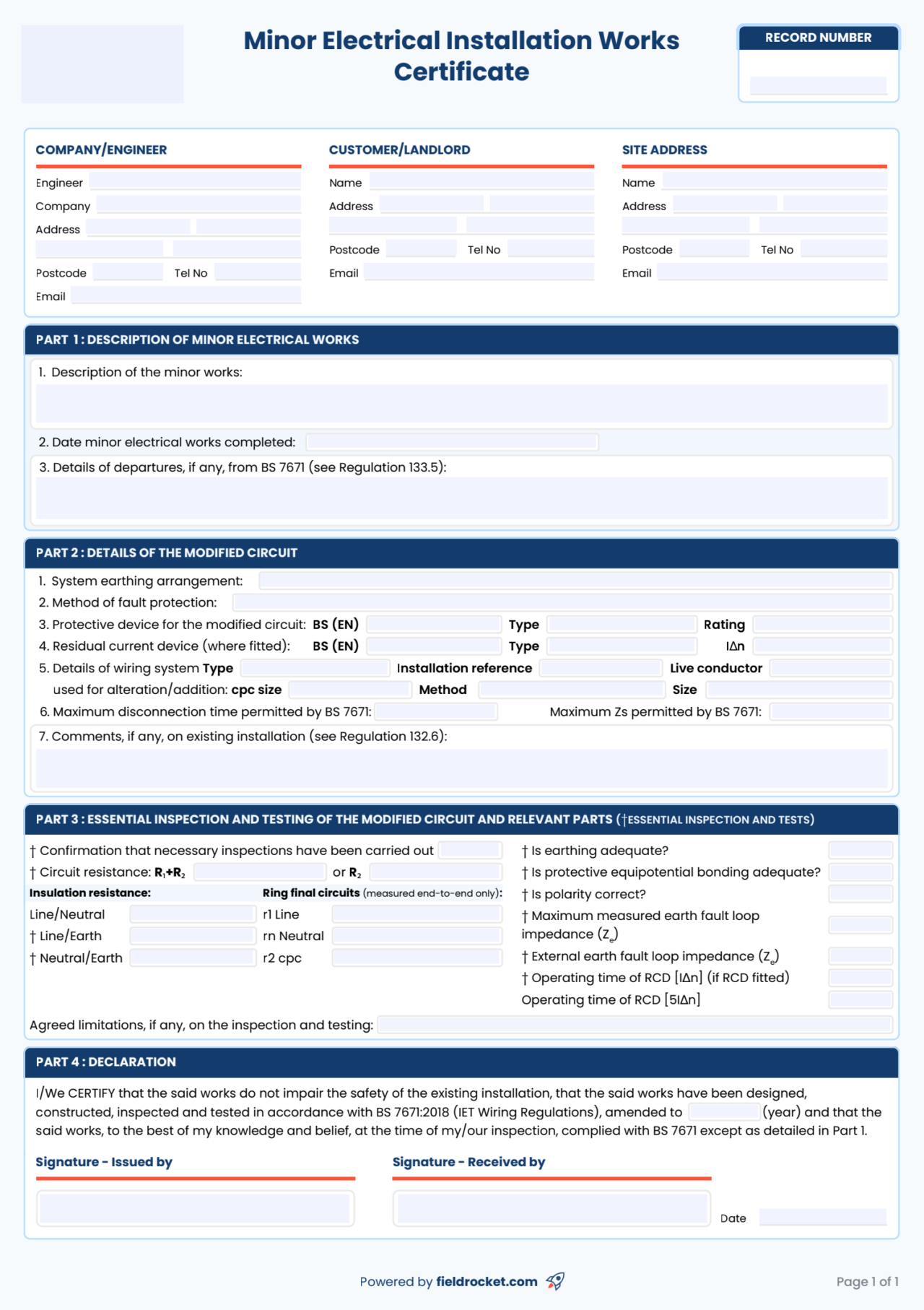 Image 7 for Minor Electrical Installation Works Certificate Template